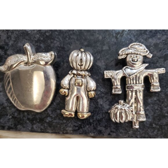 Vintage Lot Of 3 Signed Brooches: Apple Pumpkin Head & Scarecrow- READ - Picture 1 of 16